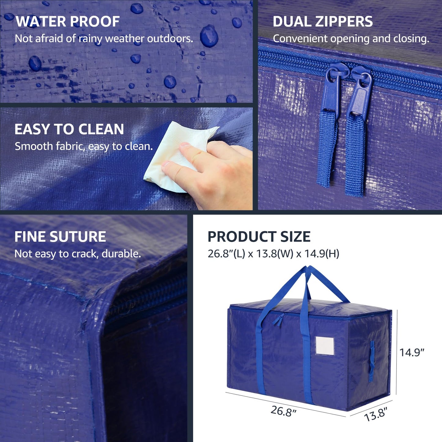 Moving Bags Heavy Duty Extra Large, Moving Boxes, Moving Supplies Essentials, Blue Storage Bins with Lids, Plastic Packing Totes, Storage Bags for Clothes with Handles & Zippers(Blue, 4 Pack)