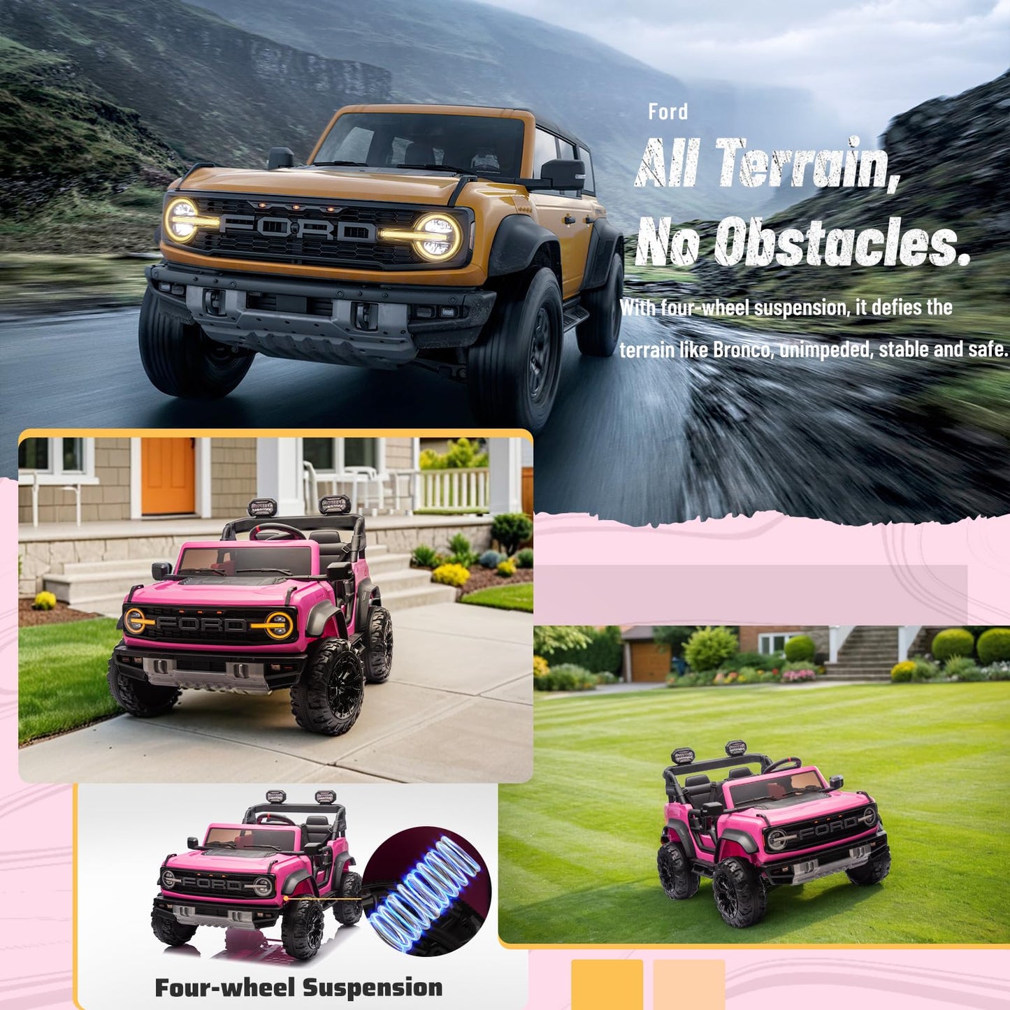 24V Ride on Toy for Big Kids,Ford Bronco Raptor 2 Seater Elecrtic Car for Kids with Remote,Battery Powered Car 4 Wheels with Spring Suspension,LED Light,Bluetooth,3 Speeds(24V, Pink)
