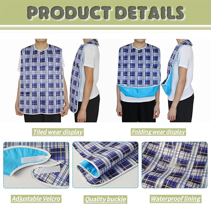 Adult Bibs-2 Pcs Washable Clothing Protectors for Elderly Seniors and Disabled | Waterproof Adult Bibs for Women & Men（L）