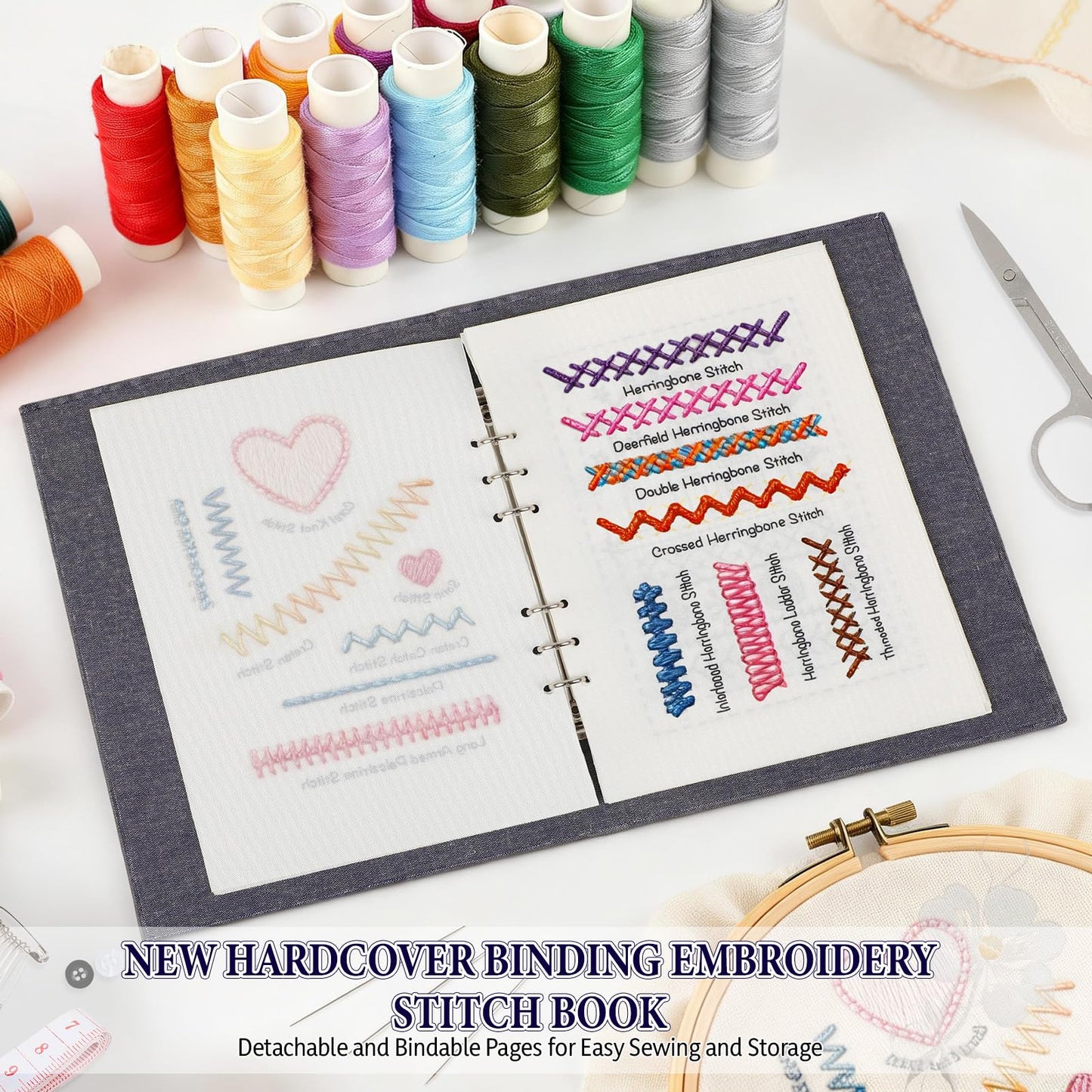 COLORCASA New Embroidery Stitch Book Kit,Embroidery Learning Book,Comes with a Complete Tool kit and Instructional Tutorial,106 Patterns for Beginners Craft Lovers and Sew Enthusiast