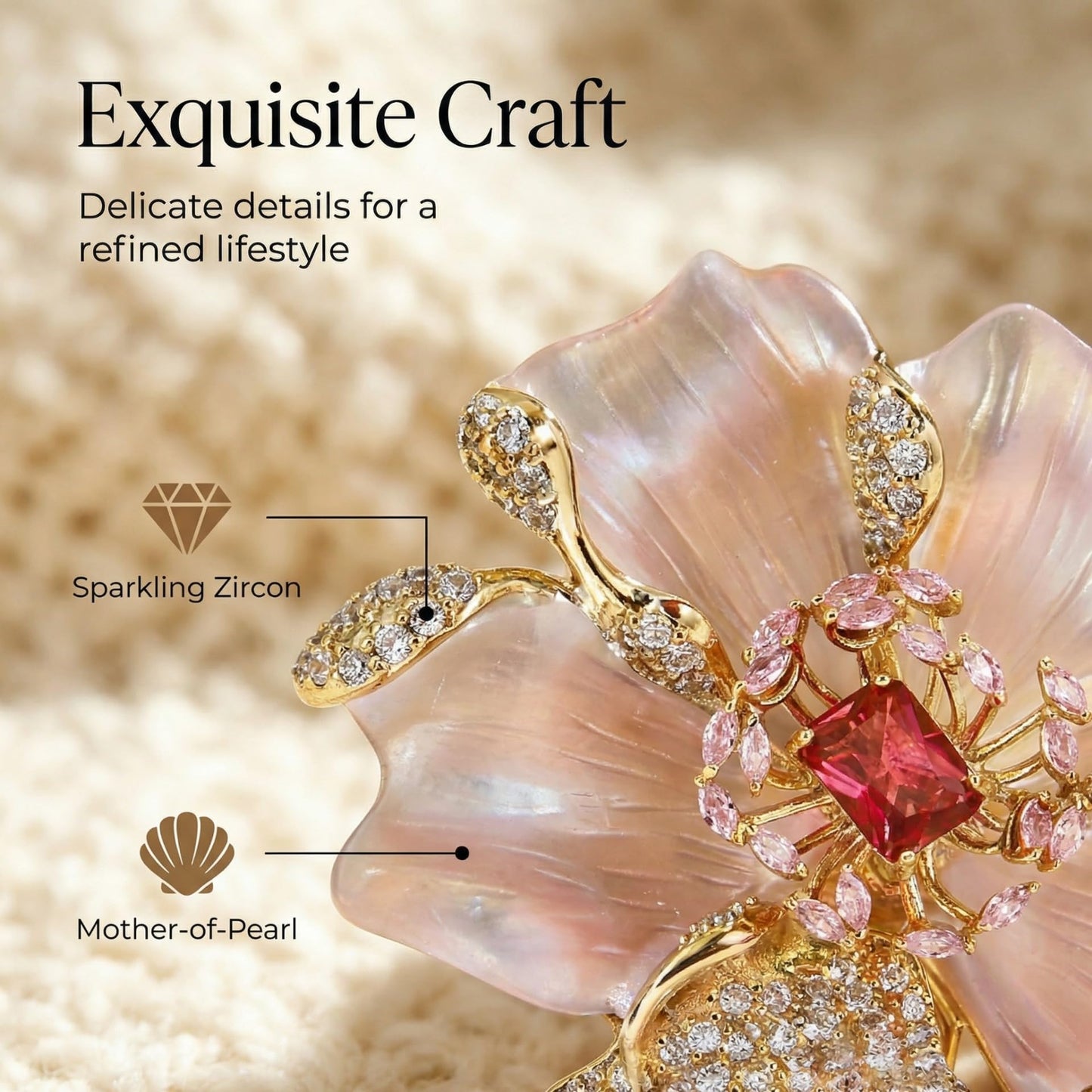 Brooch Pin - Gold Plated | Ideal Gift for Mom & Wife on Thanksgiving Day, Birthdays & Weddings (White Peony)