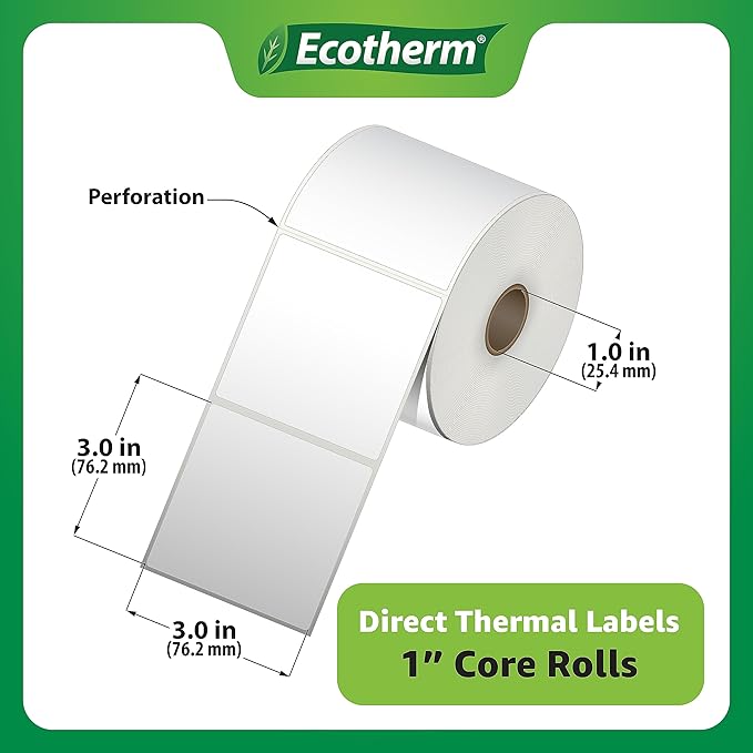 3" x 3" Thermal Labels | 4 Rolls | 2100 Labels | fits Zebra, Munbyn, Rollo, Godex, Arkscan, iDPRT, Offnova Thermal Label Printers and More | Blank White Adhesive Stickers by Ecotherm
