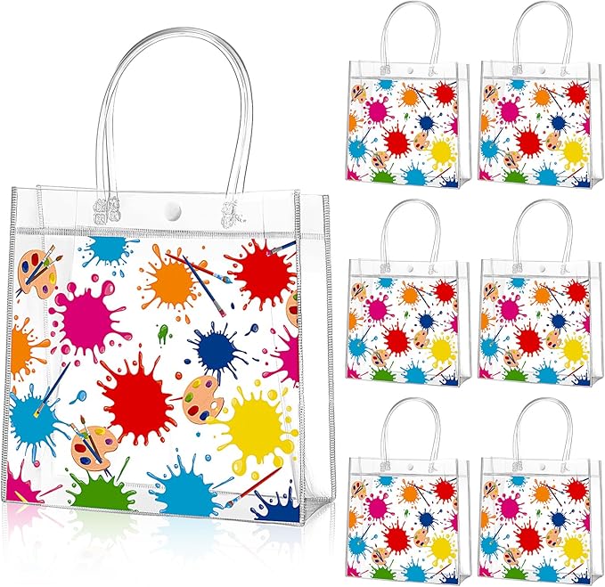 Aliceset 20 Pcs Paint Splatter Party Clear Treat Bag with Handles Painting Party Favor Bags Art Themed Goodies for Birthday Paint Splatter Decoration Candy Snack Baby Shower Supplies, 8x8x3.15 Inch