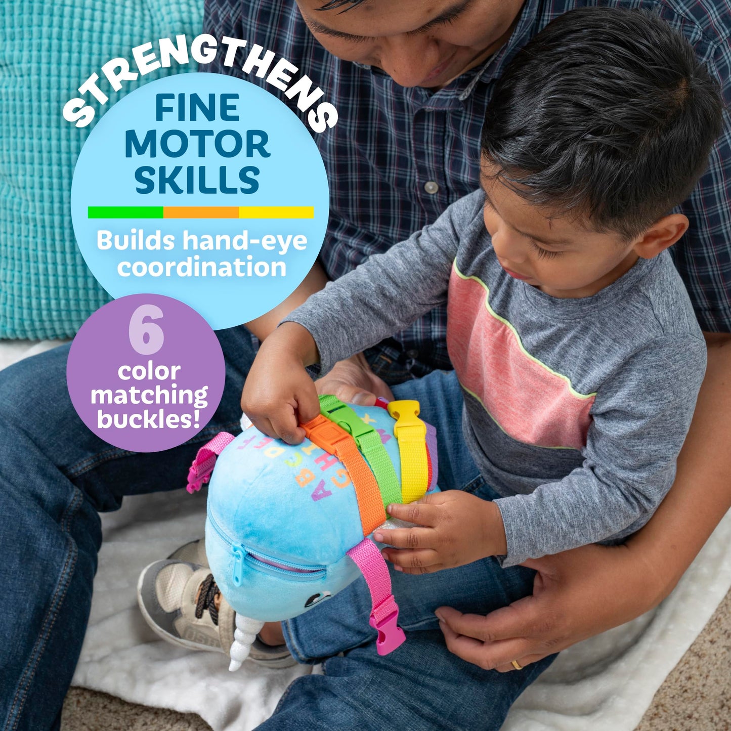 Buckle Toys - Bubbly Narwhal - Develop Fine Motor Skills - Sensory Learning Activity Toys - Toddler Plane Travel Essential
