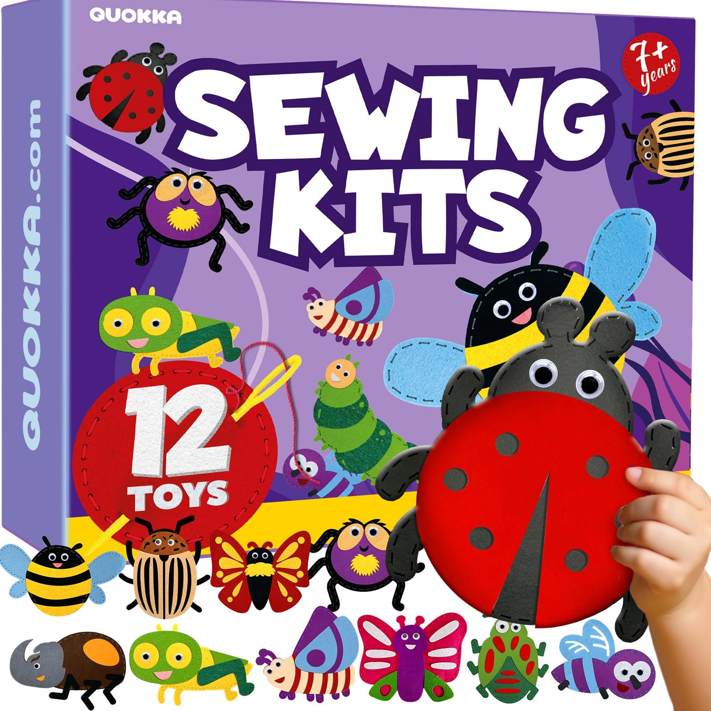 QUOKKA Kids Crafts Ages 4-8, DIY Beginner Needle and Thread Kit - 12 Bugs & Insects Sewing Kit Basic - Fun Art Crafts for Kids Ages 6-8 Girls Boys - Plastic Needles, Scissors - 6+ Year Old Girl Gifts