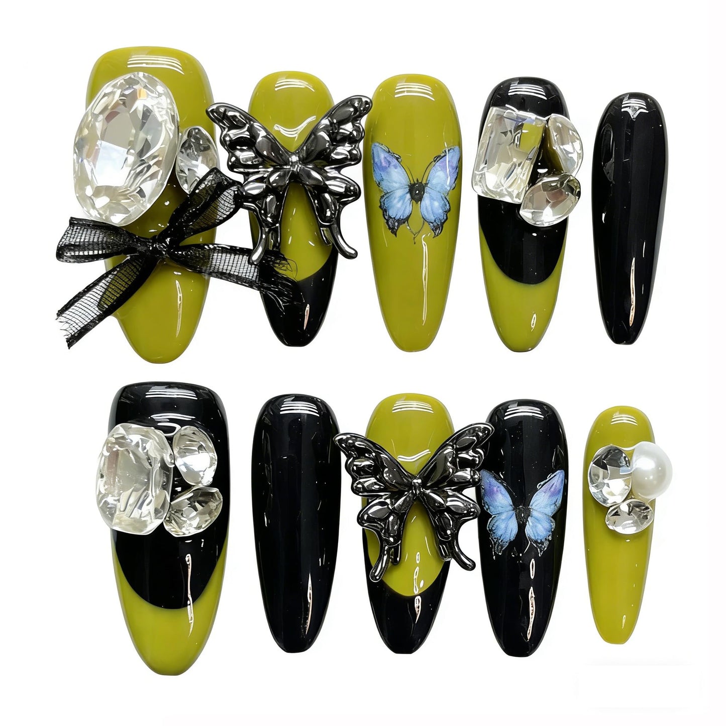 Handmade Press On Nails Green Butterfly Reusable Stick On Fake Nails Luxury Elegant Sexy Style For Women Gift With Nail Glue M