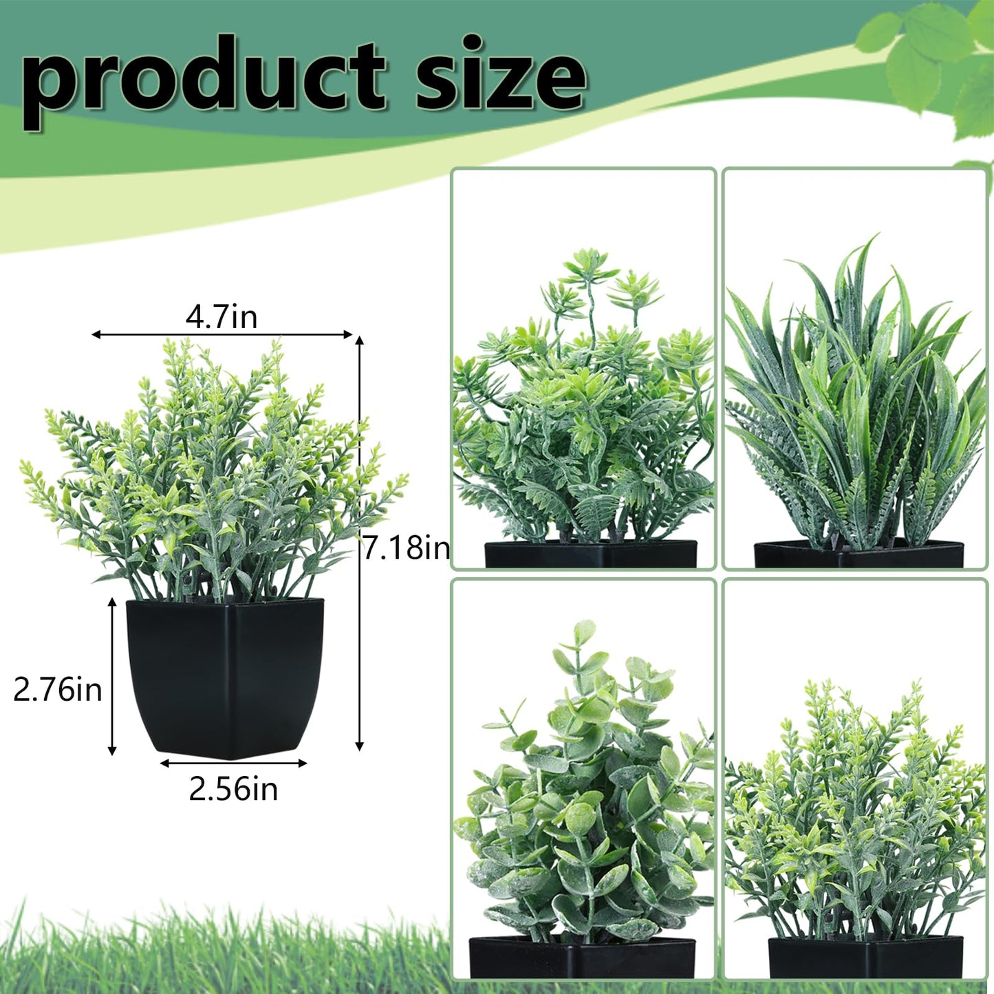 GREENTIME 4 Pack Fake Plants in Black Pot Small Artificial Eucalyptus Potted Plant Wheat Grass Mini Faux Greenery for Home Decor Indoor Office Table Room Farmhouse Bathroom Decorations