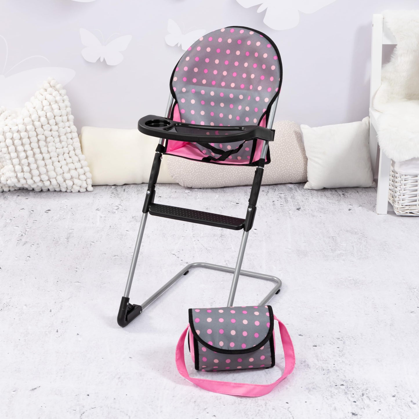 Bayer Doll High Chair/Crib Set, Grey, Pink with Dots