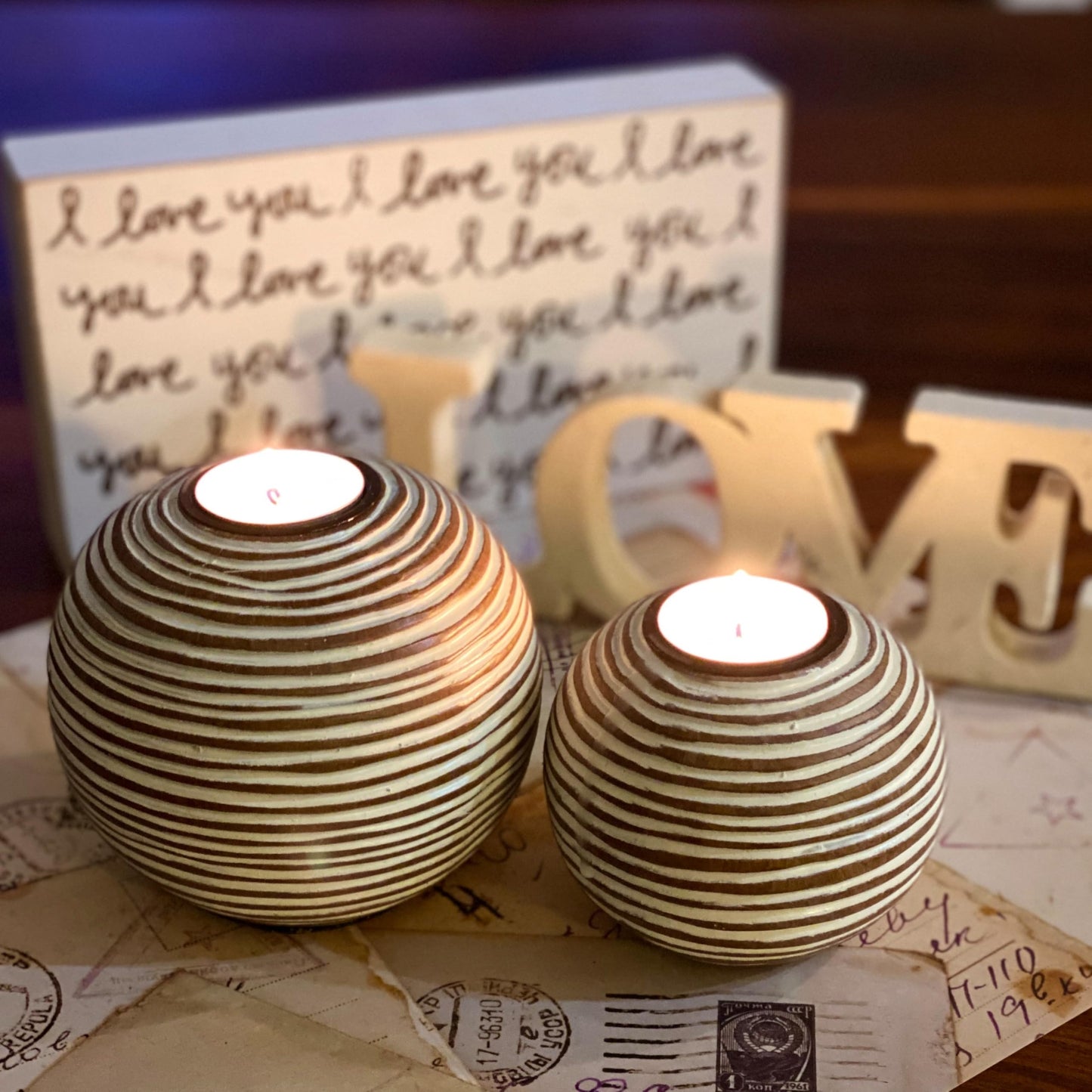 Tuva Orb Candle Holders (Gift Boxed Set of 2), Table Centerpieces for Dining or Living Room, Spa, Bathroom, Kitchen Counter, Mantle or Coffee Table Decor (Light Brown and White)