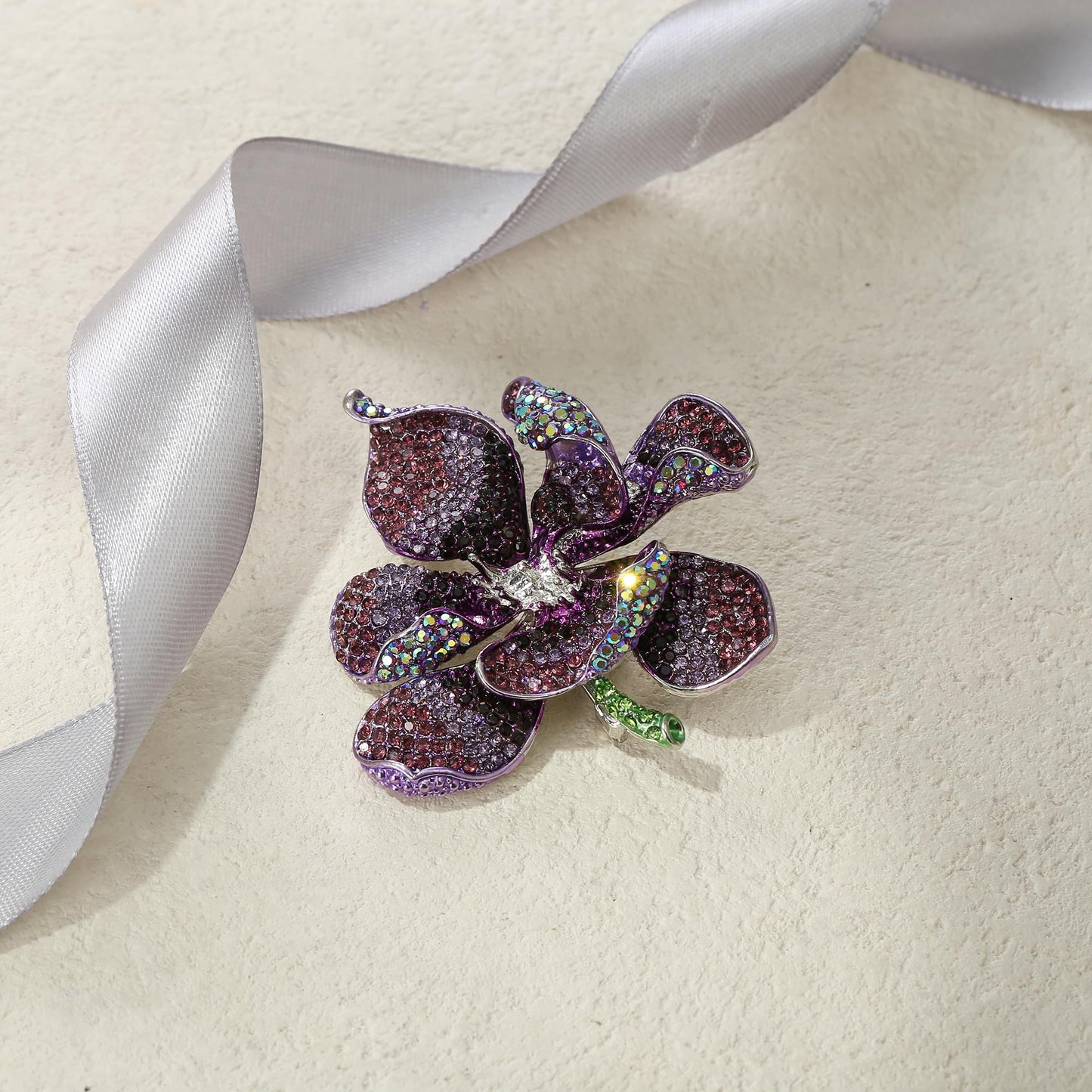 EVER FAITH Women's Austrian Crystal Orchid Flower Petal Brooch Purple Silver-Tone