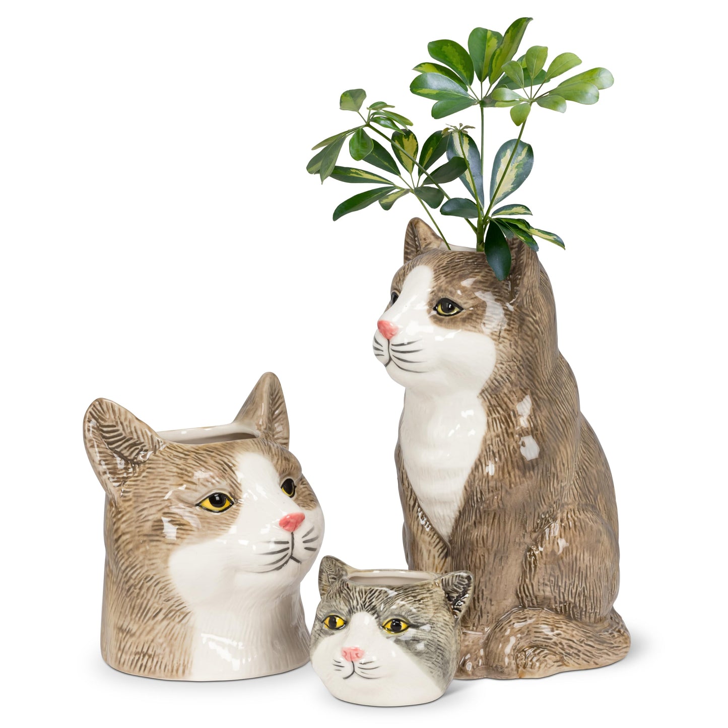 Abbott Collection Small Tabby Cat Planter - Stoneware, Grey/Brown (5 inches H)