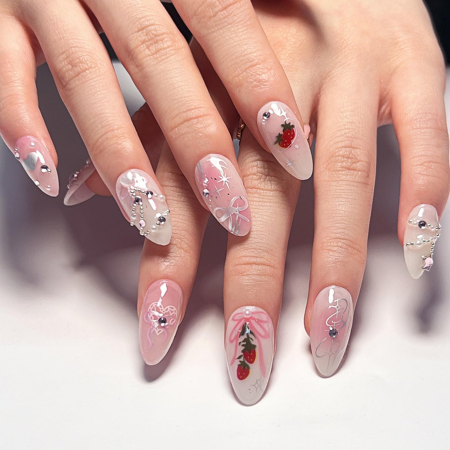 CTTHNBD Press on Nails Almond - Medium Fake Nails with Bow Strawberry Design - Ombre Pink False Nails for Women 24 Pcs