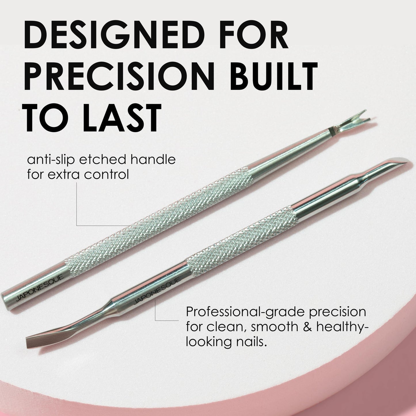 JAPONESQUE Cuticle Pusher and Trimmer Tool for Nails, Stainless Steel Cuticle Remover for Manicure and Pedicure, Dual End Nail Cuticle Pusher and Cutter for Cleaning, Shaping and Removing Dead Skin