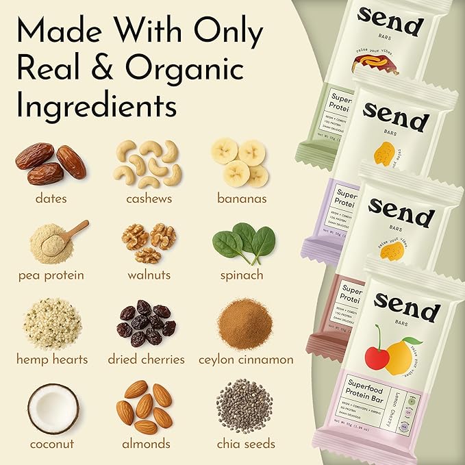 Send Bars Plant-Based Vegan Healthy Protein Bars, With Greens (Variety Pack, 8 Bars) – Only Real Ingredients, Zero Added Sugar, Gluten-Free, Dairy-Free
