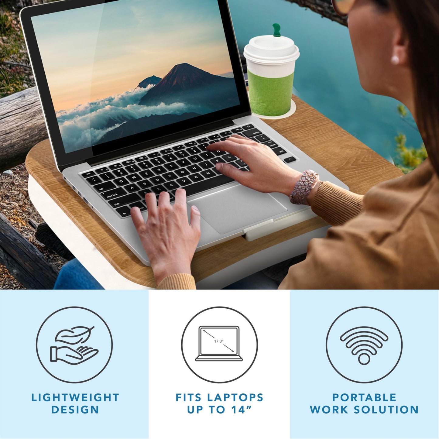LAPGEAR Cup Holder Lap Desk with Device Ledge - White Oak Woodgrain - Fits up to 14 Inch Laptops - Style No. 46329
