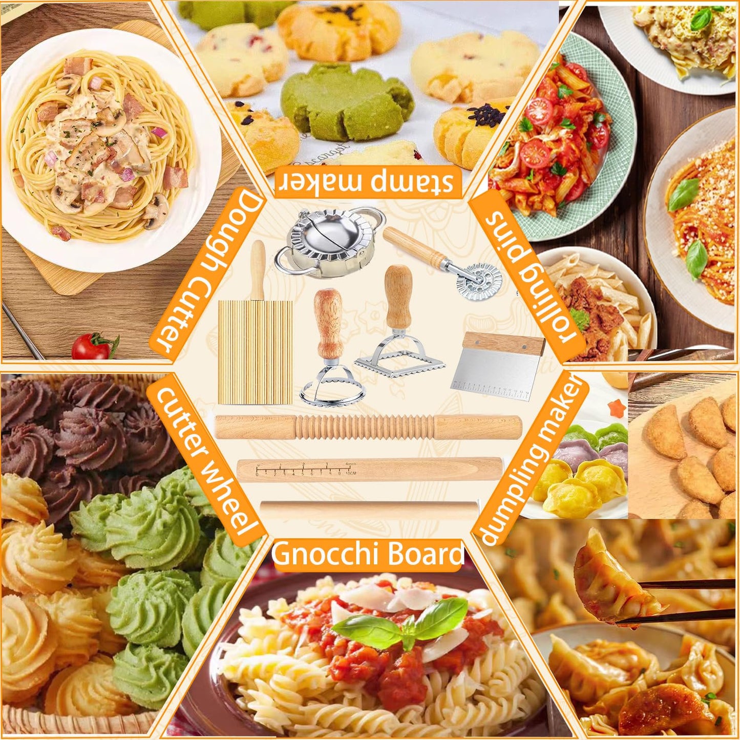 10pcs Pasta Making Tools, Wood Pasta Making Kit with Pasta Drying Rack,Rolling Pins,Gnocchi Board,Dough Cutter,Ravioli Cutter,Pasta Stamps,Making Dumplings .Pasta Making Accessories for Home
