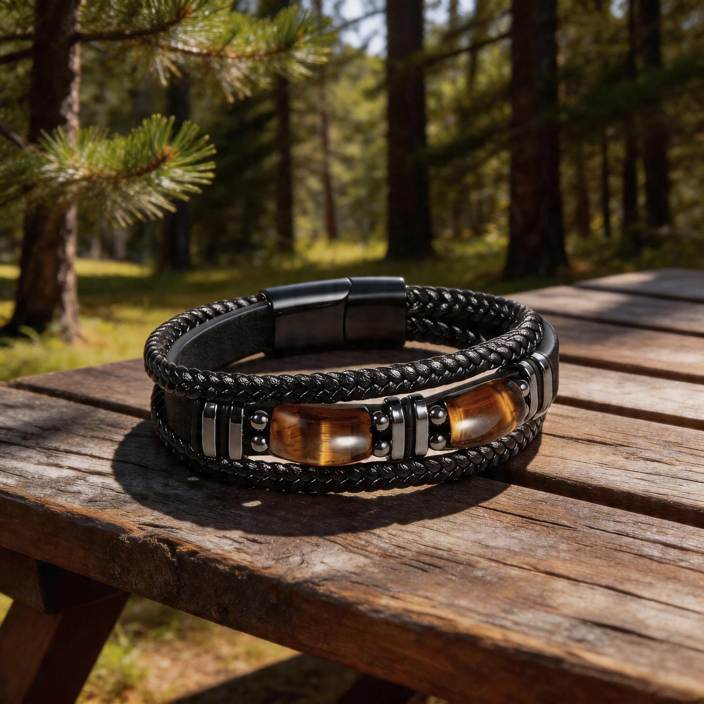 Enjoy Risingsun Tiger Eye Black Leather Bracelet Men Natural Tiger Eye Gemstone Crystal Stone Jewelry Handmade Courage And Stress Relief Protection Bracelet