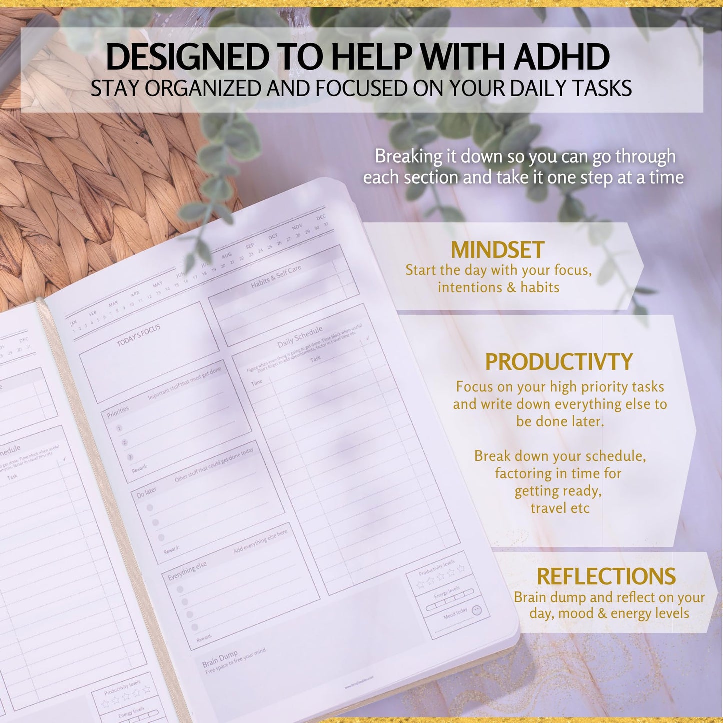 ADHD Daily Planner for Neurodivergent Adults – Premium Leather Productivity & Task Management Planner with Guided Focus Pages, 170gsm Paper, Gold Foiling & Gift Box – Undated Organizer | A5 (Nude)
