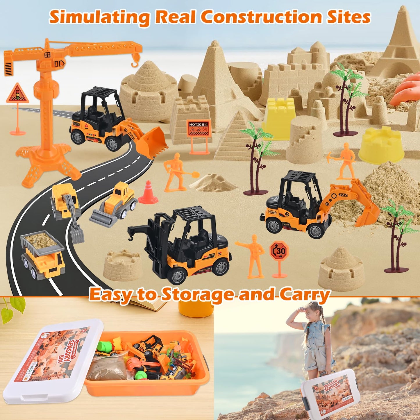34Pcs Sand Construction Site Kit Sensory Bin Toy for Toddler with 8 Vehicles, 6 Castle Molds, 5 Road Signs, 4 Worker Figures, 2.2lbs Sand, Learning Sand Toys Birthday Gift for Kids Boys Ages 3 4 5