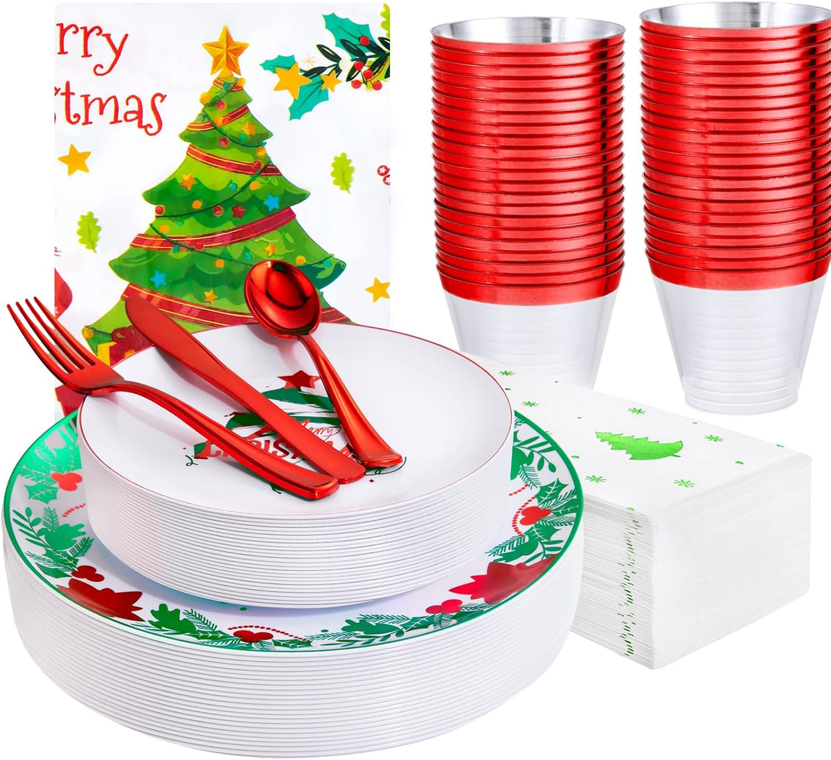 GATHER 176 Pieces Christmas Plastic Plates - Heavy Duty Christmas Disposable Dinnerware Set include 50 Plates, 75 Red Plastic Silverware, 25 Napkins, 25 Cups and 1 Tablecloth for Xmas Party