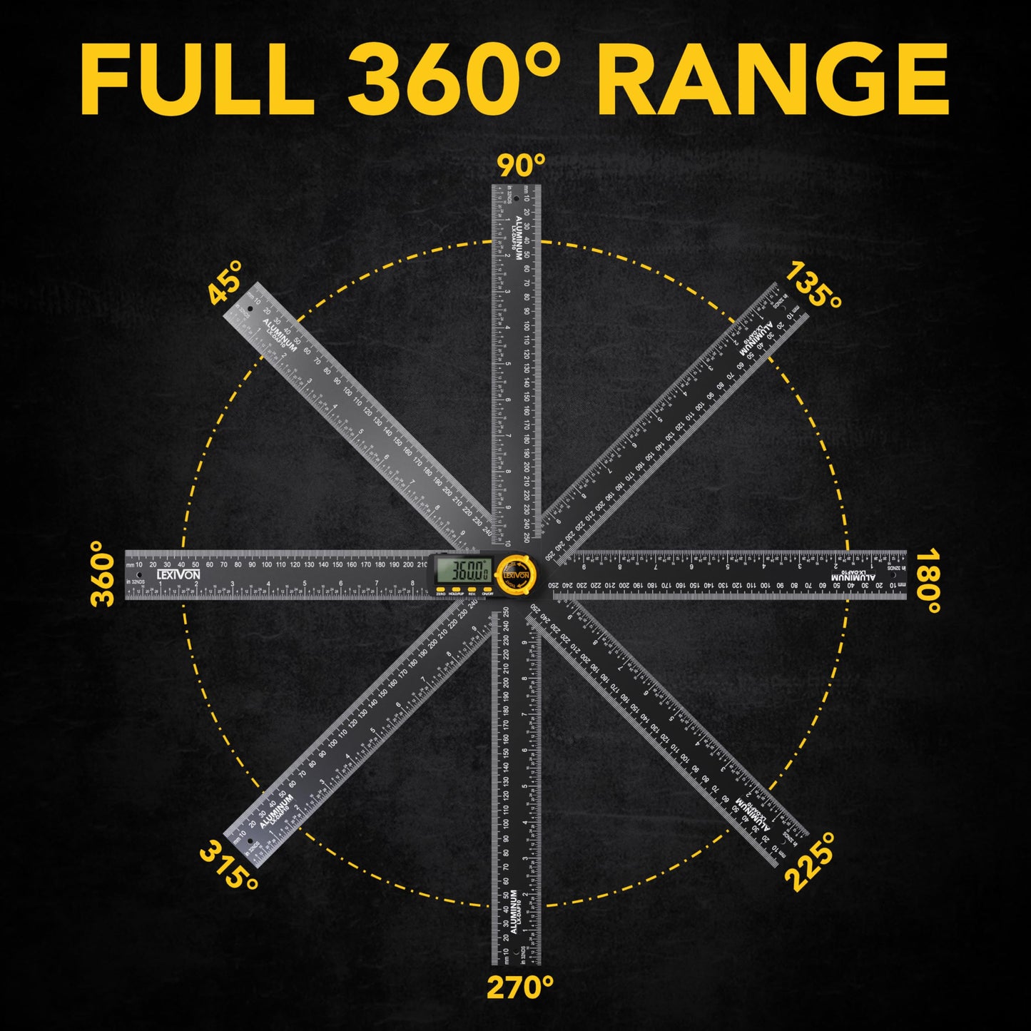 LEXIVON Aluminum Digital Angle Finder Gauge, 10-inch/250mm Multi-Purpose Protractor, Includes XL Display and Rugged Zippered Pouch (LX-DAF10)