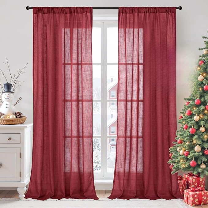 BGment Burgundy Linen Curtains 90 Inch Length for Living Room, Long Semi Sheer Window Drapes Textured for Farmhouse Bedroom Dining Rod Pocket Lightweight, 2 Panels, Each 52 Inch Wide