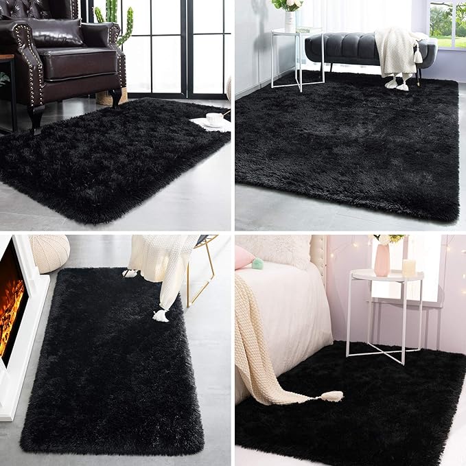 TWINNIS Super Soft Shaggy Rugs Fluffy Carpets, 6x9 Feet, Indoor Modern Plush Area Rugs for Living, Bed Room Kids Room Nursery Home Decor, Upgrade Anti-Skid Durable Rectangular Fuzzy Rug, Black
