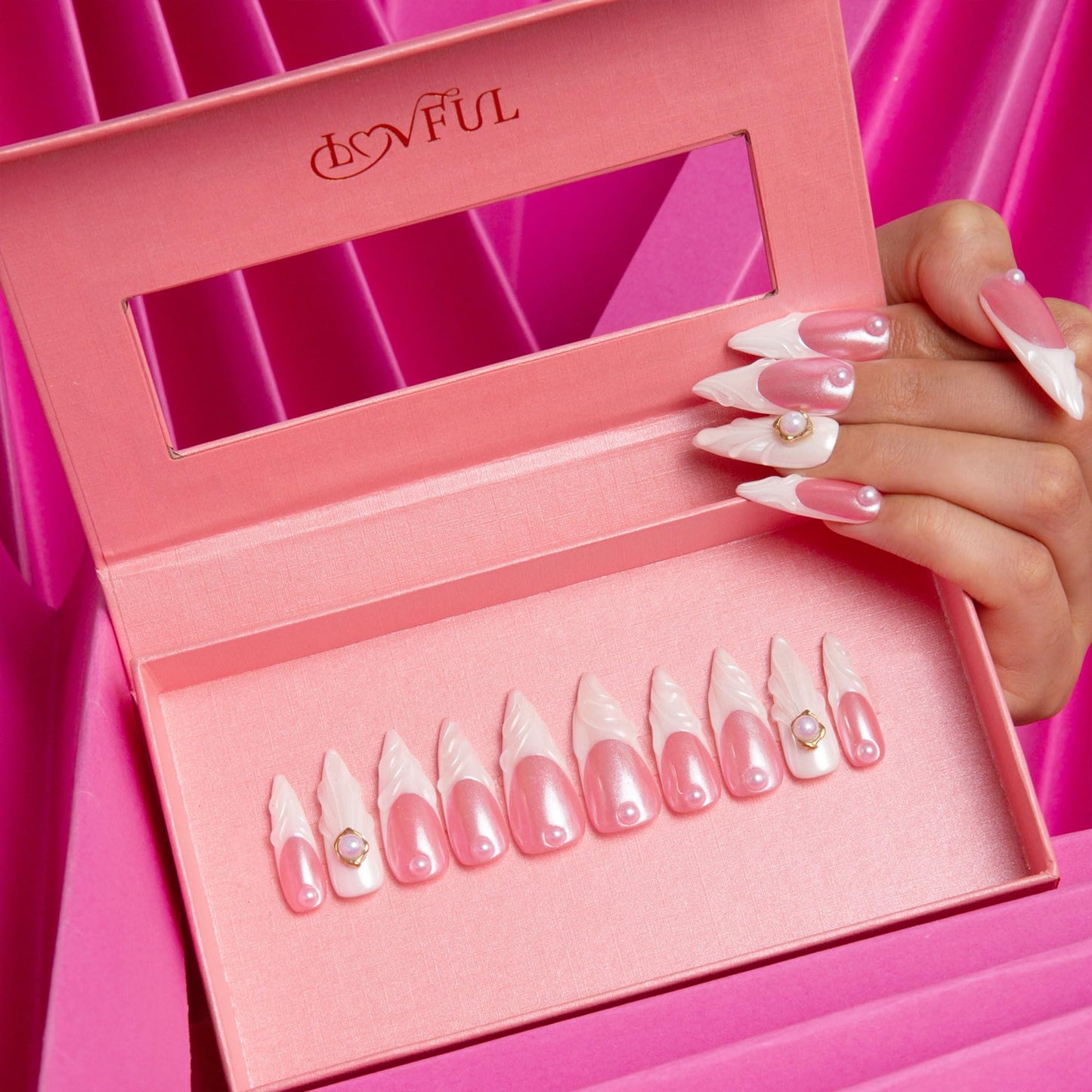 LOVFUL Press on Nails The White | Handmade with Full Covered Crystals | Reusable Full Cover Nails | Stiletto Classic Regular 1.3 in | H306-M