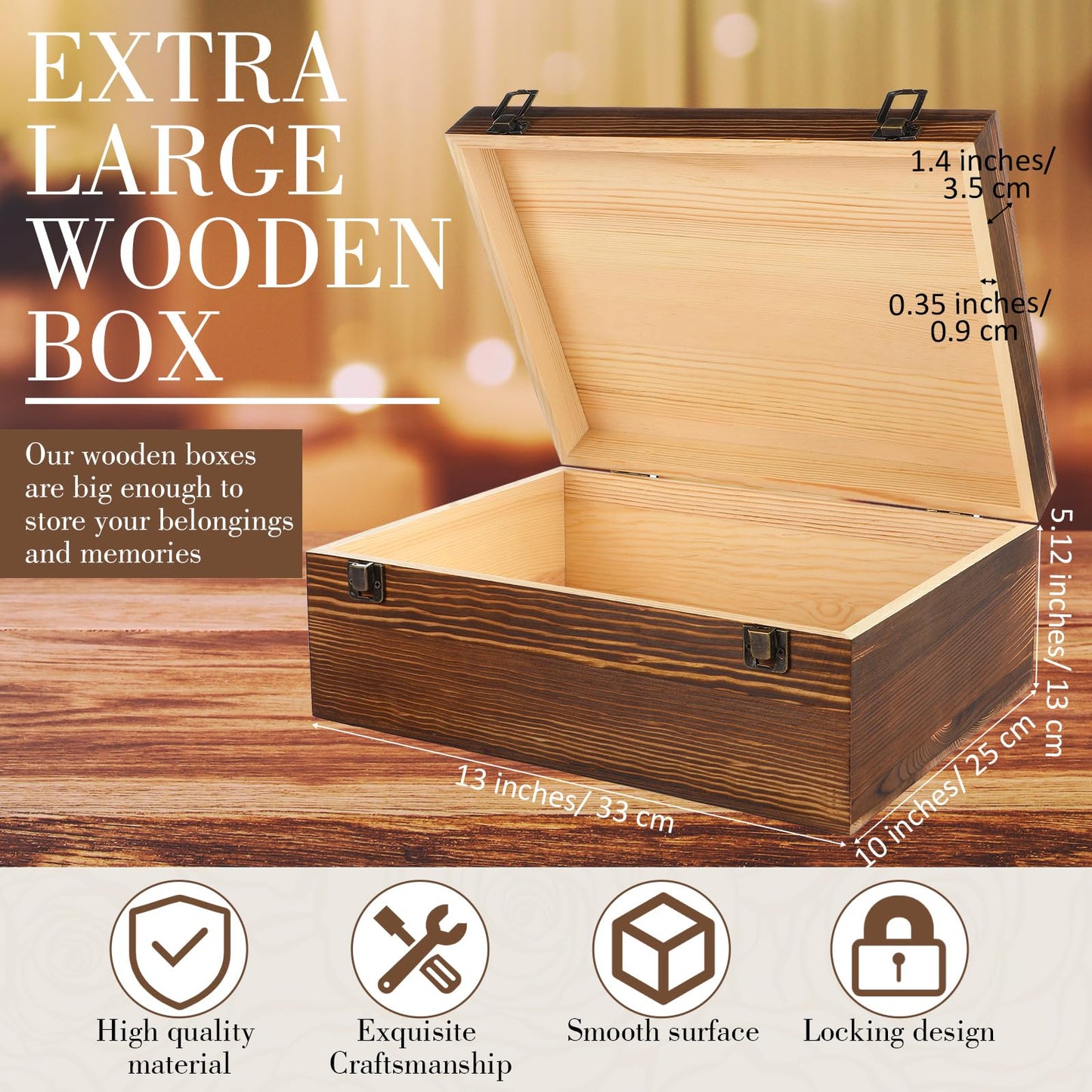 Barydat Extra Large Wooden Memory Box with Hinged Lid for Keepsakes Unfinished Pine DIY Craft Stash Wooden Box for Arts Gift and Storage Decorative