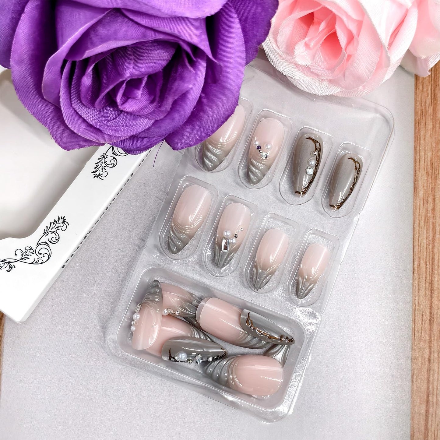 Press on Nails Medium Length Artificial Acrylic French Silver Irregular Lines 3D Ripple with Rhinestones Pearl Design Glitter Almond Glue on Stick on Nail Artificial Fingernails for Women Manicure