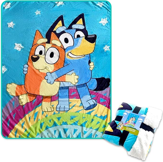 Bluey Fleece Blanket Set - Bundle with Large Soft Toddler Throw Plus Stickers, More for Kids, Boys, Girls, Toddlers | Big Bluey and Bingo Blanket 60" x 80"