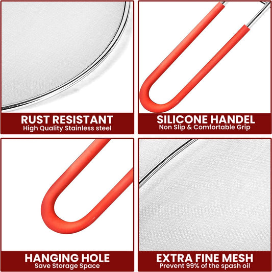 13" Grease Splatter Screen for Cooking | Stainless Steel Oil Splatter Guard and Ultra-Fine Mesh Protects Skin from Burns | Silicone Red Handle