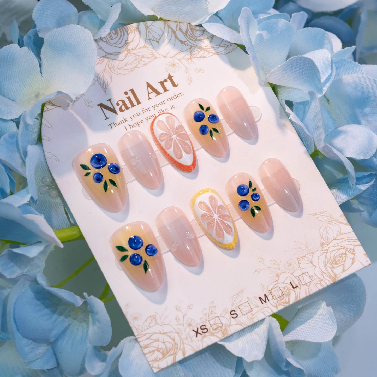 Medium Press on Nails Almond Fake Nails Yellow Artificial Nail Blueberry Orange Slice Water Drop Fruit Floral Glossy Summer Design Stick on Nail for Women 30pcs