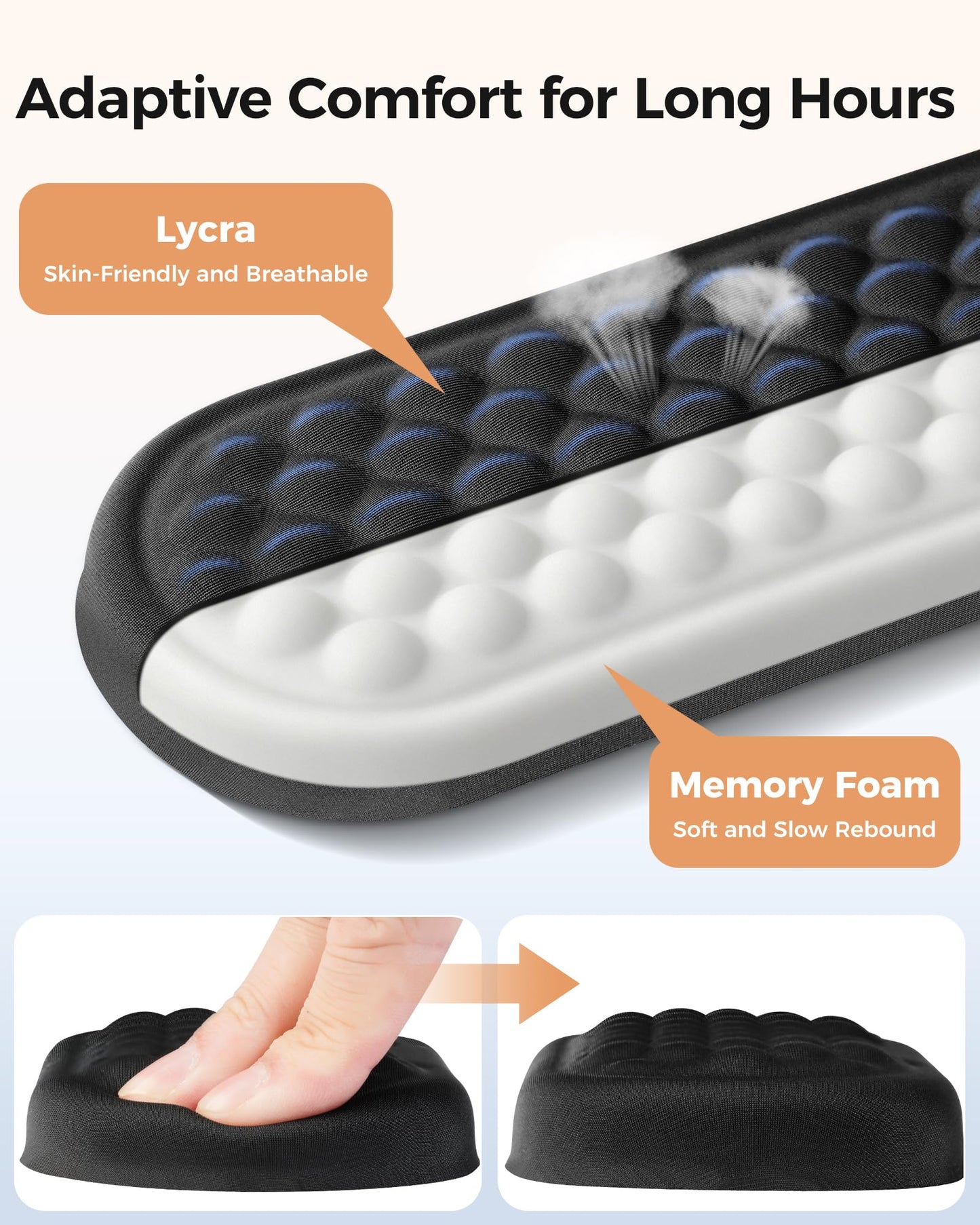 Wrist Rest Set for Keyboard and Mouse, Ergonomic Wrist Support with Memory Foam, Silky Lycra Cover, Non-Slip Base, Helps Ease Wrist Pressure and Fatigue During Long Typing and Gaming Sessions (Black)