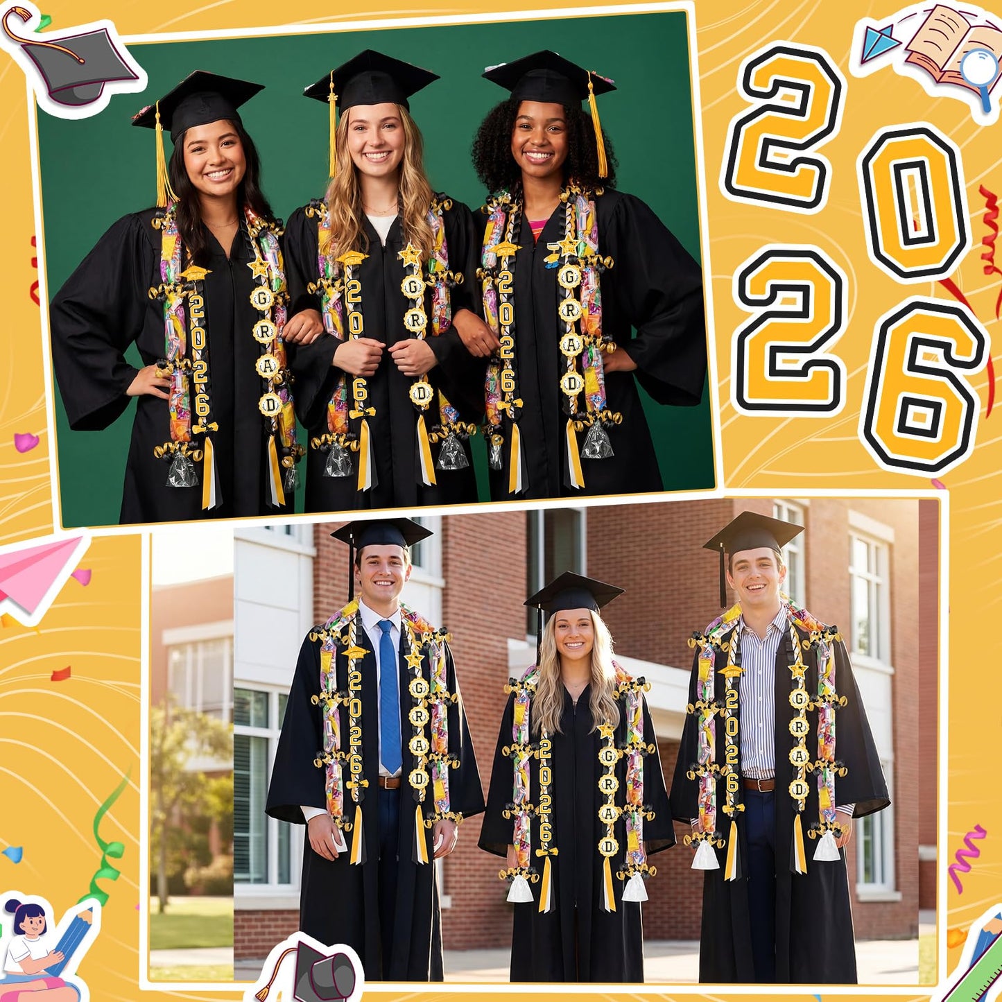 JenPen Graduation Ribbon Lei 2026 Candy Money Lei Kit with Card Double Braided Leis Class of 2026 Grad Gift for Party(Black,White,Gold)