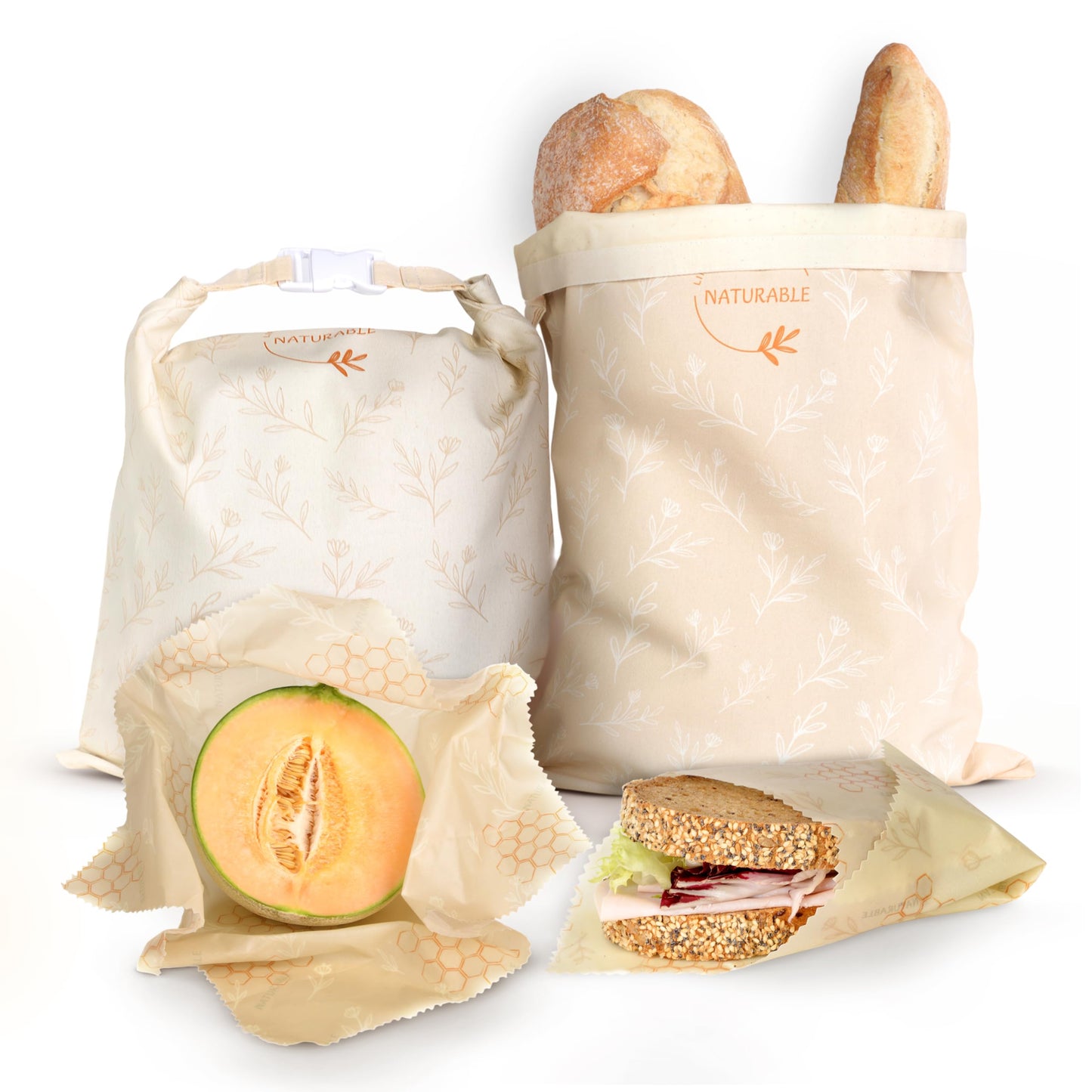 Beeswax Bread Bag for Homemade Bread & Beeswax Wrap Set, 2 XL Sourdough Bread Bags + 2 Beeswax Wraps for Food | Keep Bread Fresh, Breathable, Reusable & Less Waste Storage for Home Bakers (Beige)