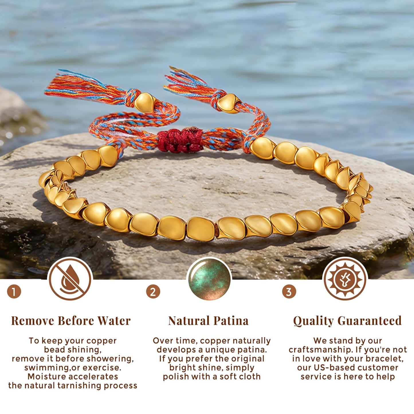 Buddha Stones Tibetan Copper Bead Bracelet, Handmade Braided Cotton String Tibetan Copper Bracelet, Polished Copper Beads Tibetan Bracelet, Adjustable Unisex Copper Bracelet Gift for Women and Men, Includes Gift Box