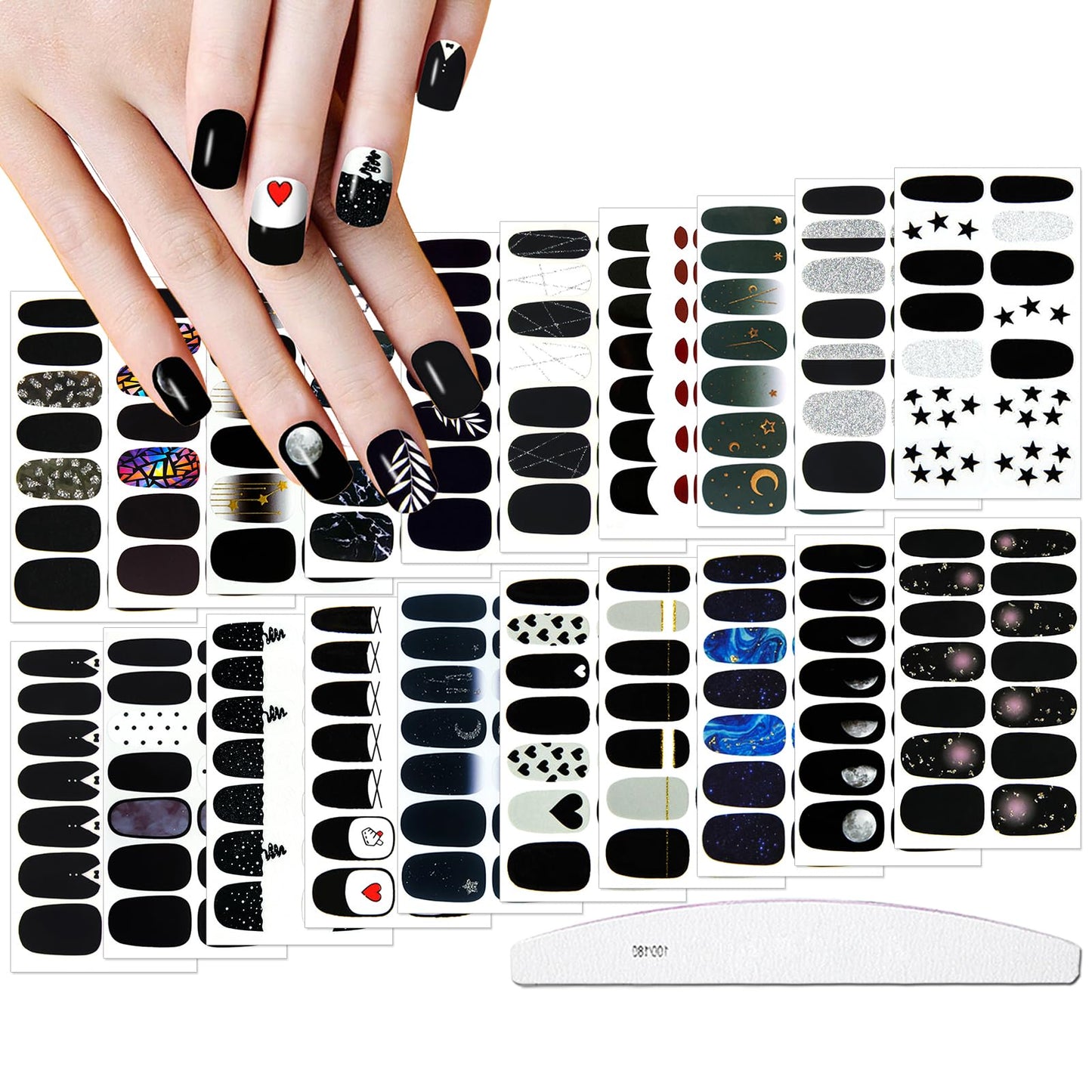 JERCLITY 20 Sheets Black White Series Nail Polish Strips Black White Star Moon Heart Leaves Marbled Pattern Gel Nail Strips Black Nail Stickers Full Wraps for Women