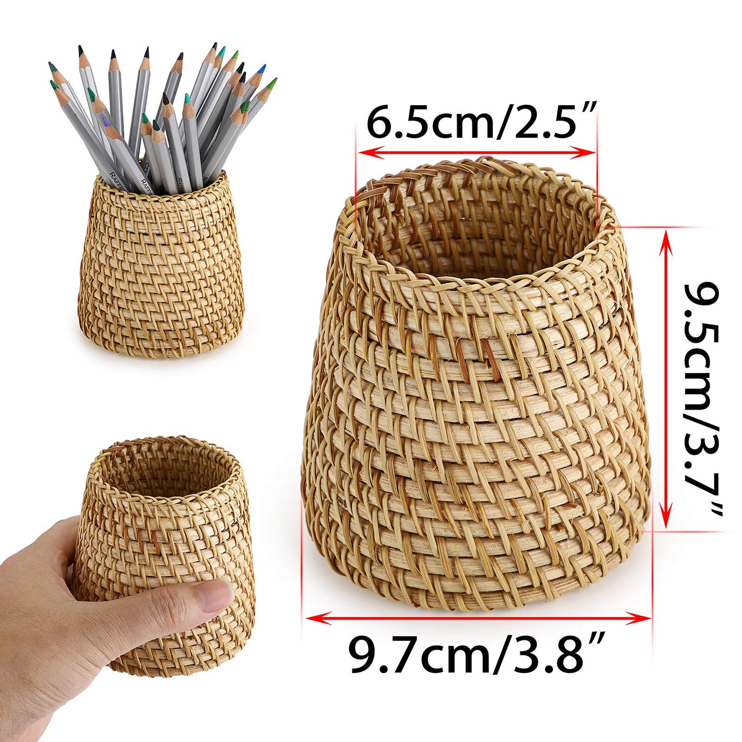 BTSKY Rattan Pen Cup, Handmade Desk Pencil Holders Makeup Brush Holder Multi-Functional Woven Basket Office&Home Desktop Organizer(Cone)