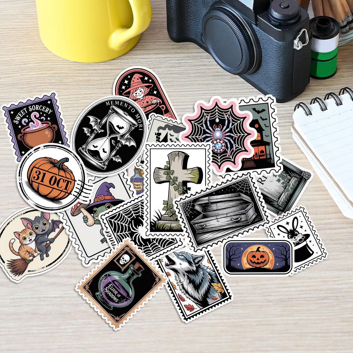 60Pcs Halloween Stickers Pack – Cute Spooky Stamps with Ghosts, Pumpkins, Witches, Haunted Houses, Candies, Clowns, and More – Perfect for Scrapbooking, Water Bottles, Journals, and Gift Decorations