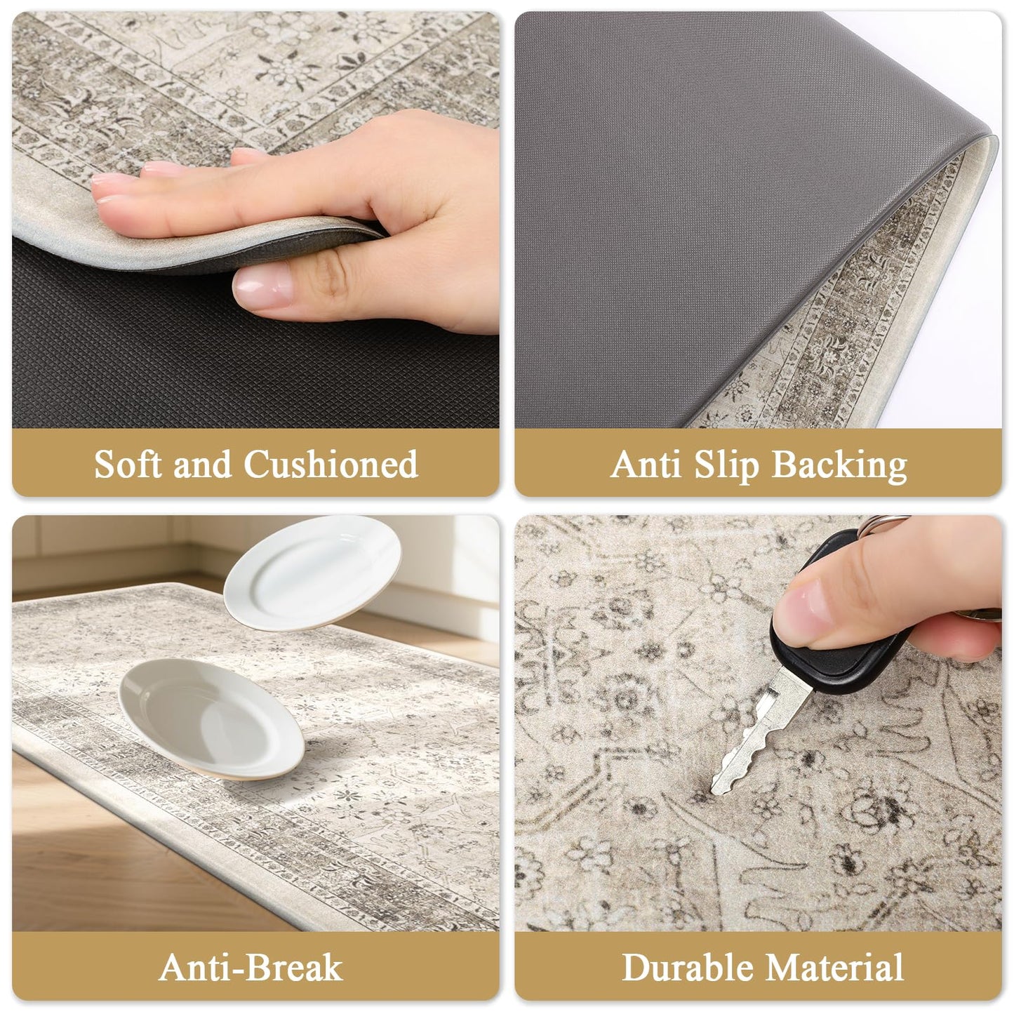 Pauwer Anti Fatigue Kitchen Floor Mats Set of 3, PVC Foam Padded Kitchen Rugs, Non Slip Cushioned Comfort Standing Mat, Waterproof Sink Rug for Small Kitchen Area, Laundry Room, Khaki