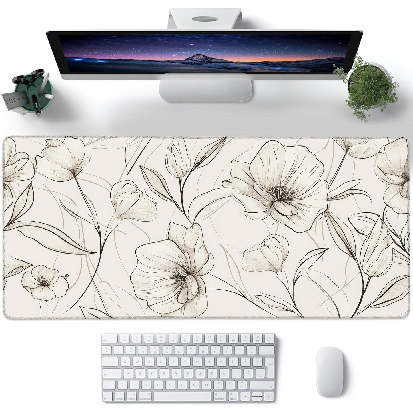 Desk Pad, Boho Minimalist Flowers XXL Gaming Mouse Pad with Stitched Edges,Non-Slip Waterproof Rubber Base Large Desk Mat for Keyboard and Mouse 35.4"x15.7"