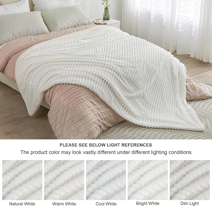 INFIIXSO Sherpa Fleece Queen Size Blanket - Super Soft & Warm Striped Fleece, Cozy Plush Fluffy Large Bed Blanket All Season Use (Off White, 90x90 Inches)