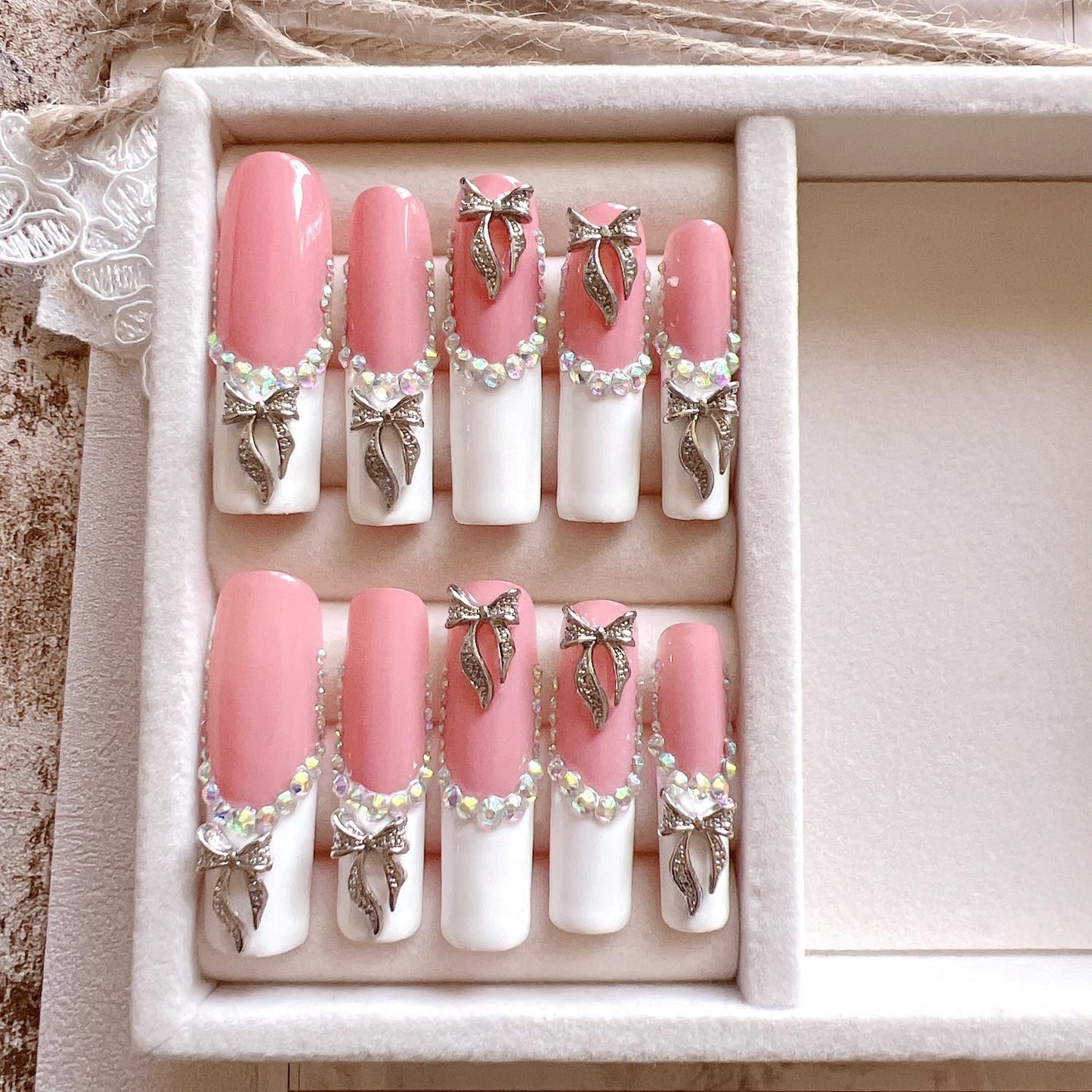 NAIL ANGEL 10PCS/SET Glamorous Handmade Press on nails Glitter Rhinestone with Metal 3D Bow Charms Long Coffin Nails Party Nails XXL Long Artifical Tips ZJ-08 (Multi-Color, ZJ-08-S)