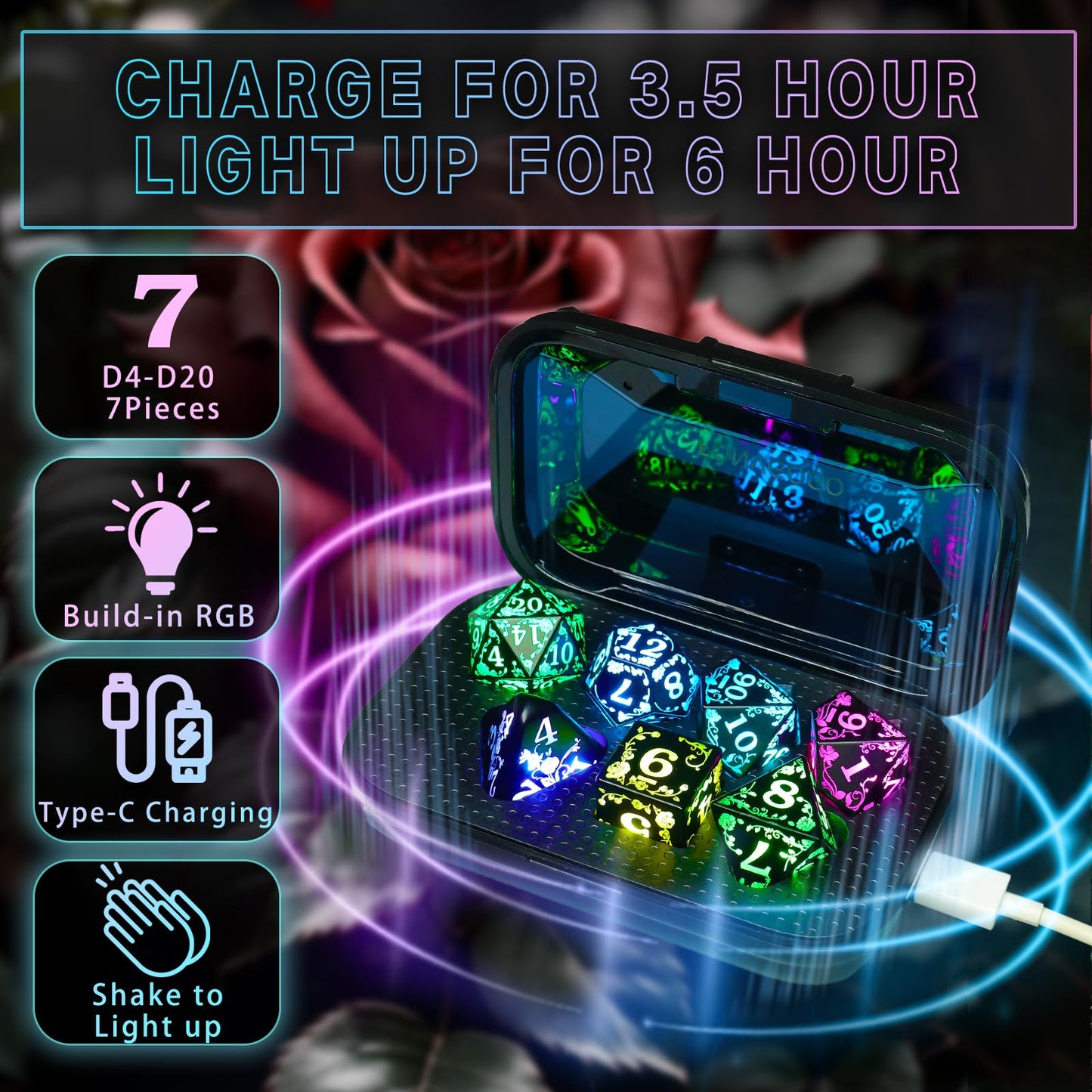 FONVGOGO Light up LED Dice Set D and D Rechargeable for Dungeons and Dragons RGB DND Dice with Charging Box 7-Color Polyhedral Role Playing Dice for DND Gifts RPG Tabletop Games (Rose RGB)