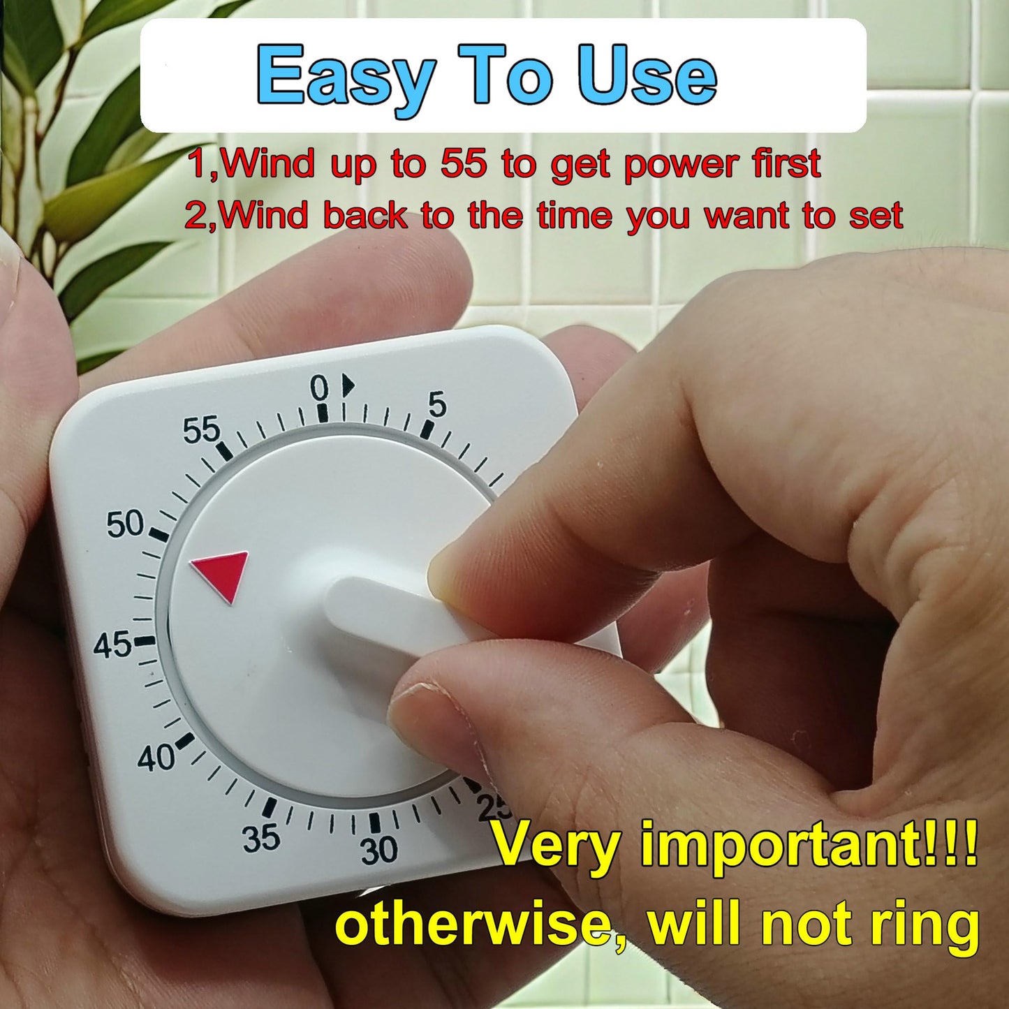 Square 60 Minute Mechanical Kitchen Timer - Visual Kitchen Cooking Timer Clock with Loud Alarm - No Batteries Required-Manual Countdown Timer for Classroom, Home, Study and Cooking (White)