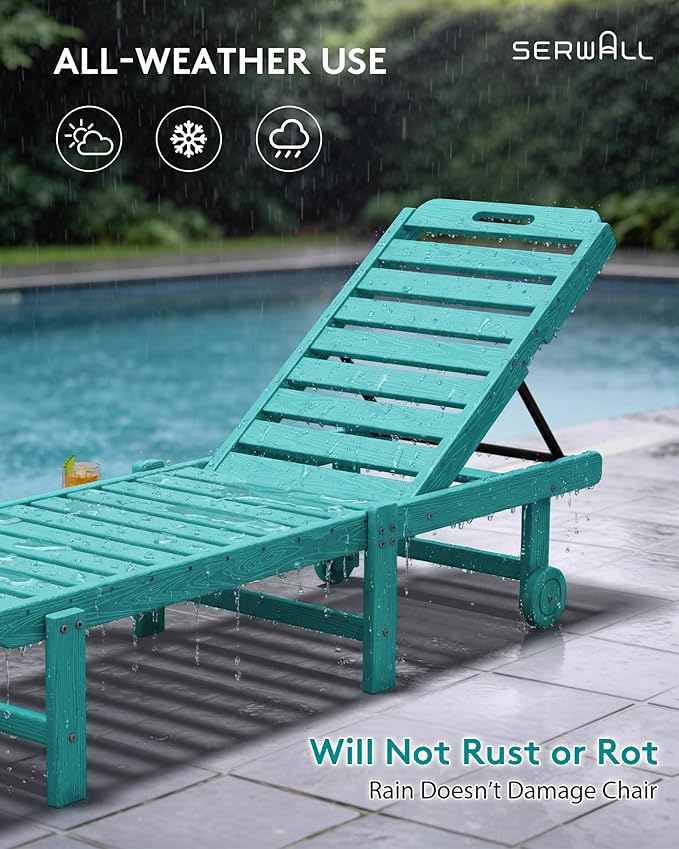 SERWALL Outdoor Chaise Lounge Set of 4, 78" Patio Lounge Chair with 5 Positions Adjustable Backrest, HDPE Lounger with Rolling Wheels & Cup Holder for Poolside, Beach, Garden, Aruba