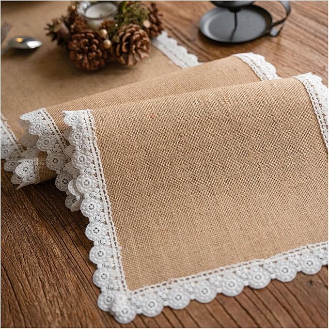 Natural Jute Table Runner, Burlap Style Table Runner, Rustic Farmhouse Table Runner Vintage for Wedding, Party Table Decorations, Boho Décor Jute Round Lace Edge Placemat Set of 4 (30x50cm) TAB28