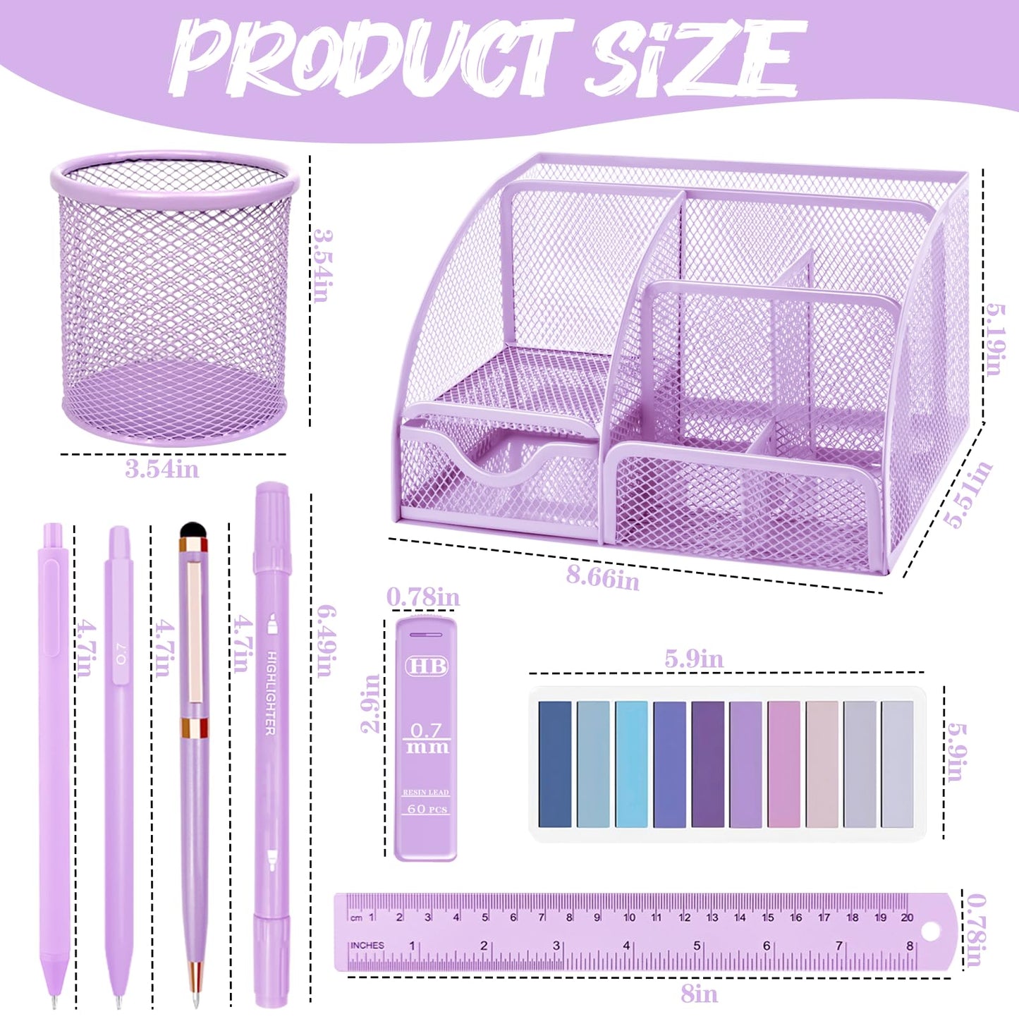 Purple Desk Accessories, 17Pcs Purple Office Supplies Set with Stapler, Mesh Desk Organizer, Tape Dispenser, Staple Remover, Pen Holder, Clips, Pens, Ruler, for Office Home School Women Students Gift