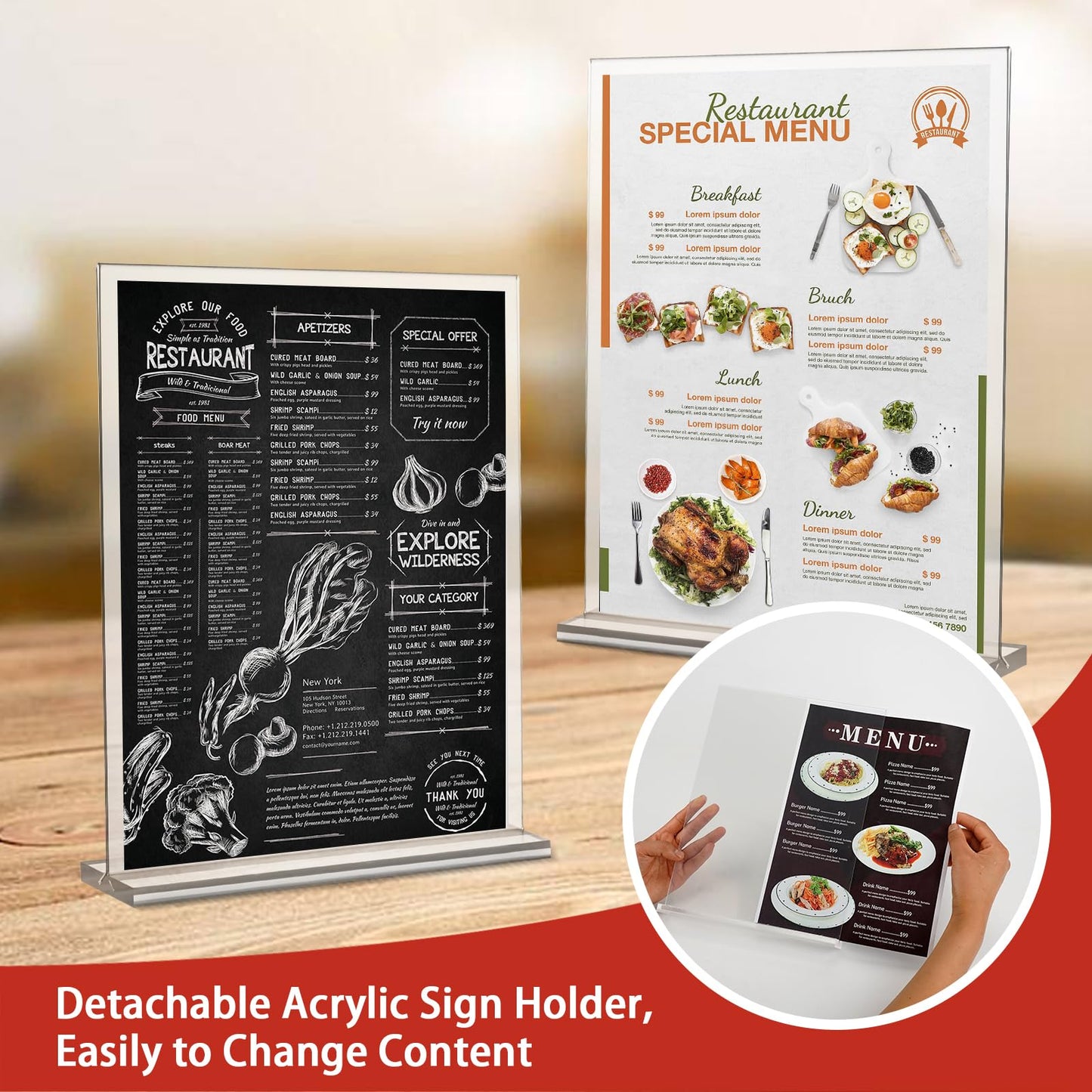 8.5x11 Acrylic Sign Holder with 2 Business Card Holder, 3 Pack Double Sided Clear Display Stand, Flyer Holder 8.5 x 11, Table Top Paper Holder, Vertical Menu Flyer Stand, Plastic Frame for Restaurants